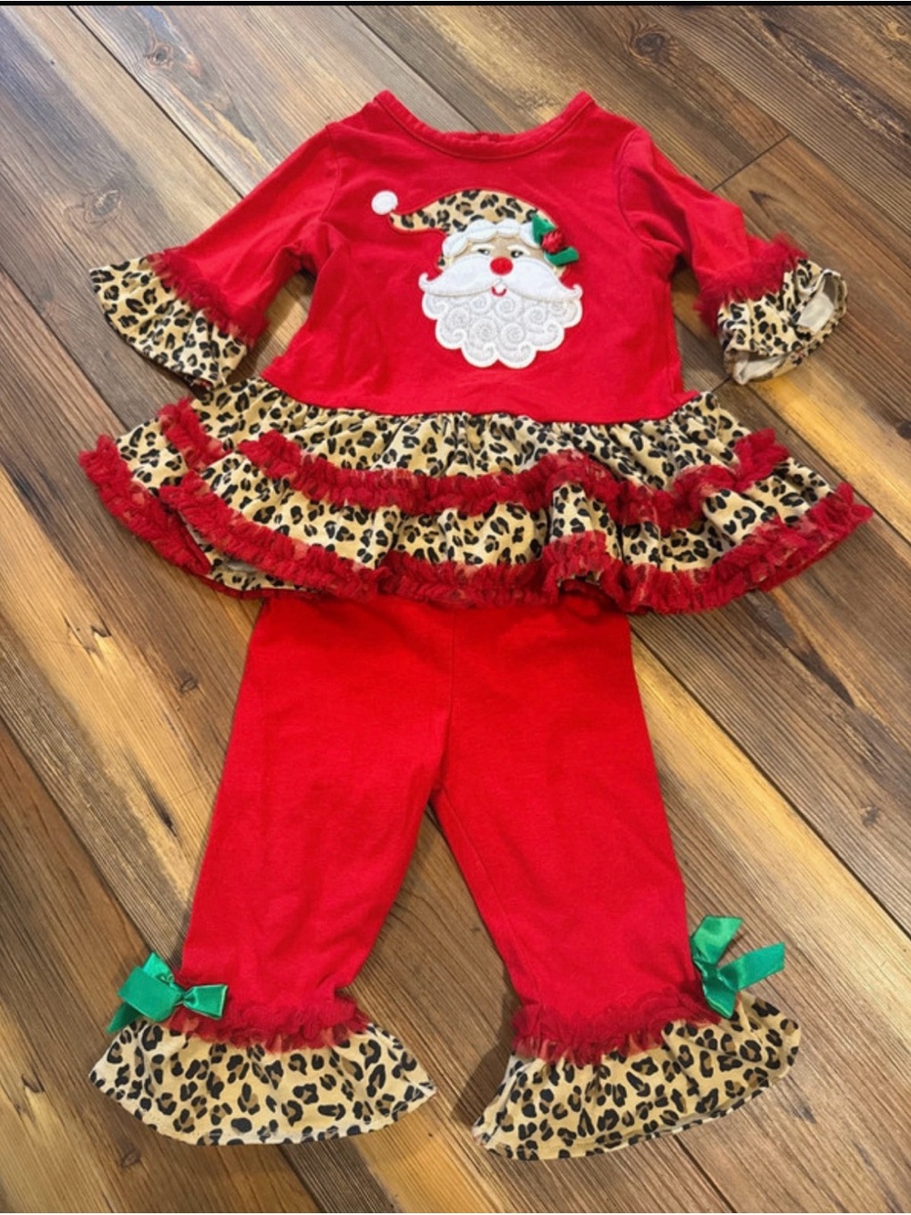Size 9 months girls Rare Editions Holiday leopard Santa ruffle outfit